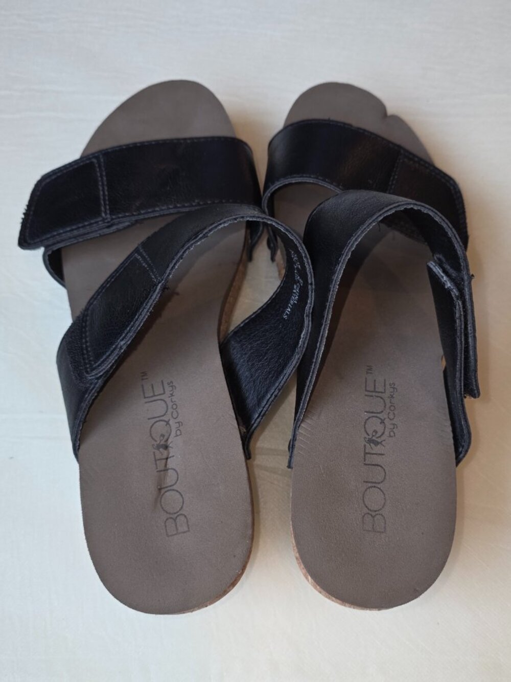 Boutique By Corkys Vegan Leather Slip On Wedges Shoes Adjustable Black Sandals